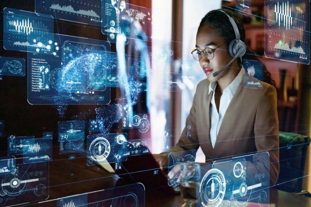 Remote call-center agent with headset and live dashboard